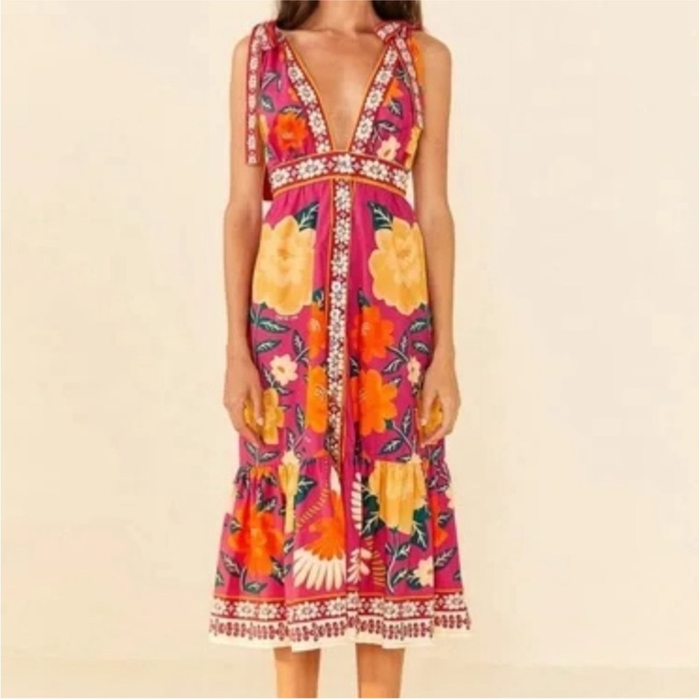 Farm Rio floral button down midi dress with bows on shoulders